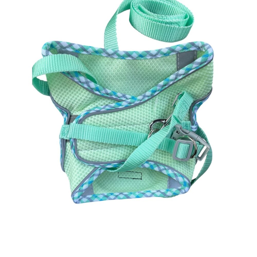 Mint Green Mesh Dog Harness With Adjustable Straps & Checkered Trim Size M